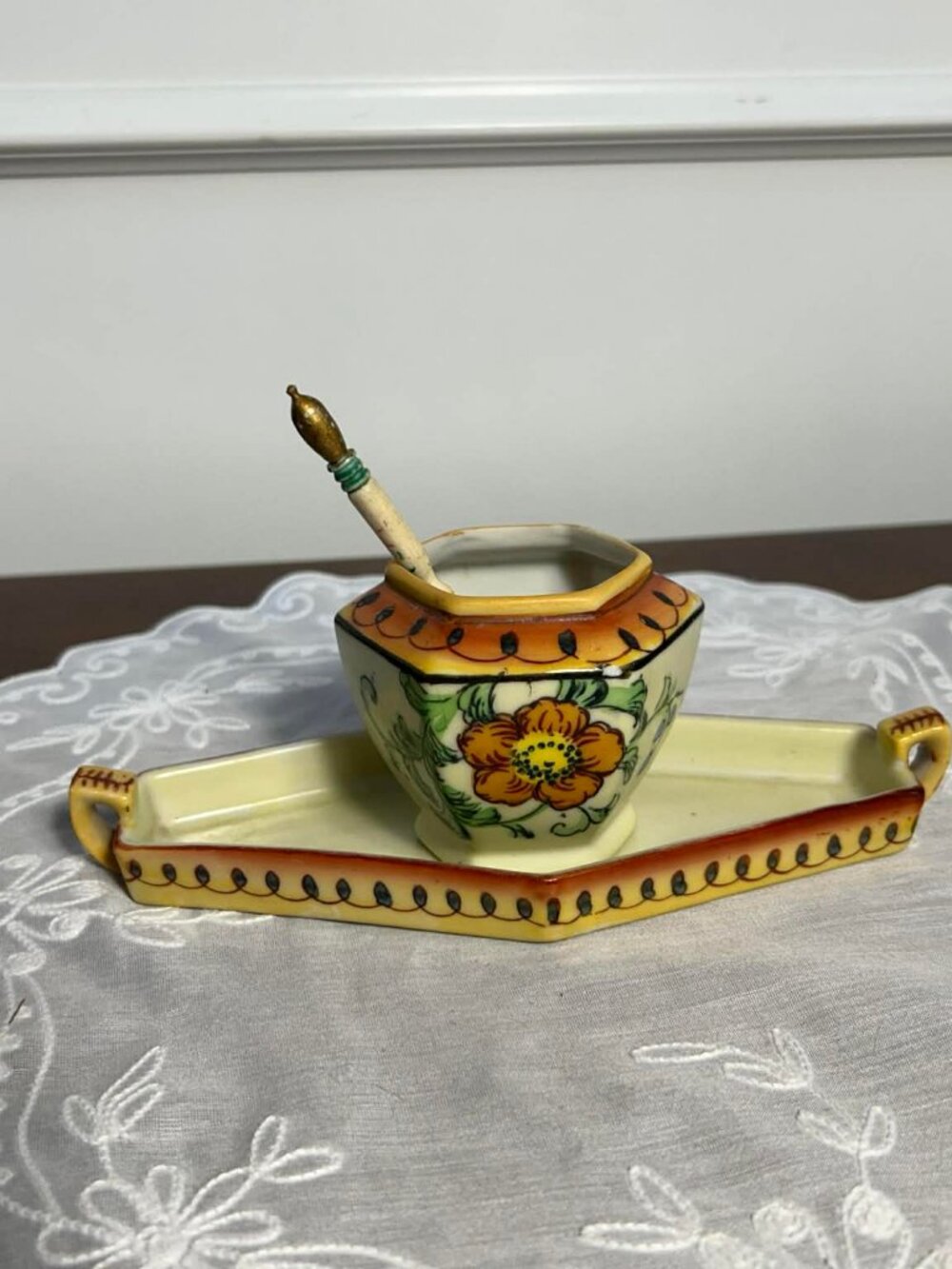 Mid century Japanese hand painted sugar bowl and tray